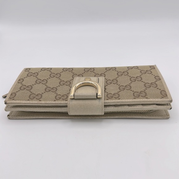 Authentic GUCCI GG Beige Canvas Gold Leather Zip Long Wallet - Picture 8 of 16